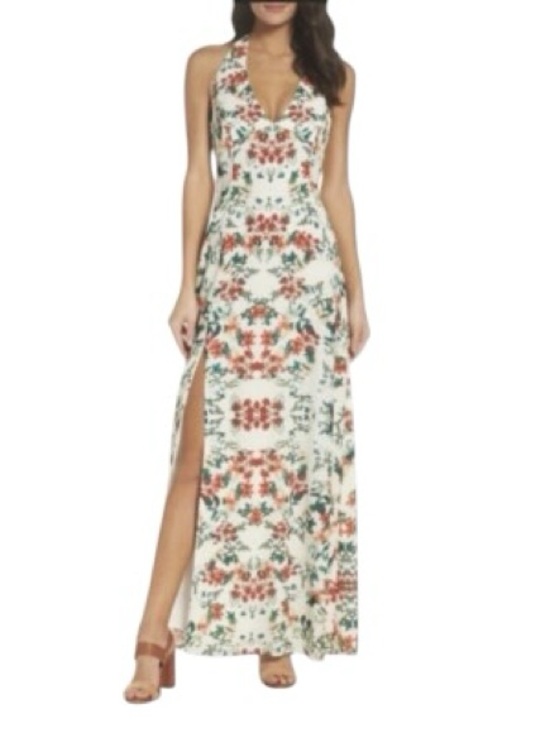 BB Dakota Cream Halter Maxi Dress with Coral and Green Floral Print